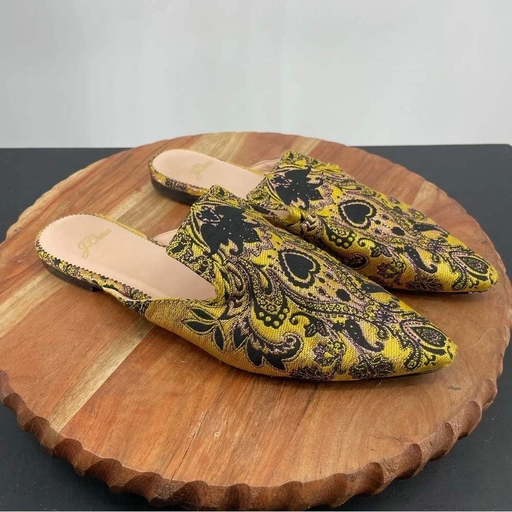 J Crew marina slides, brocade marigold yellow black Women‎ 7.5 K0037
